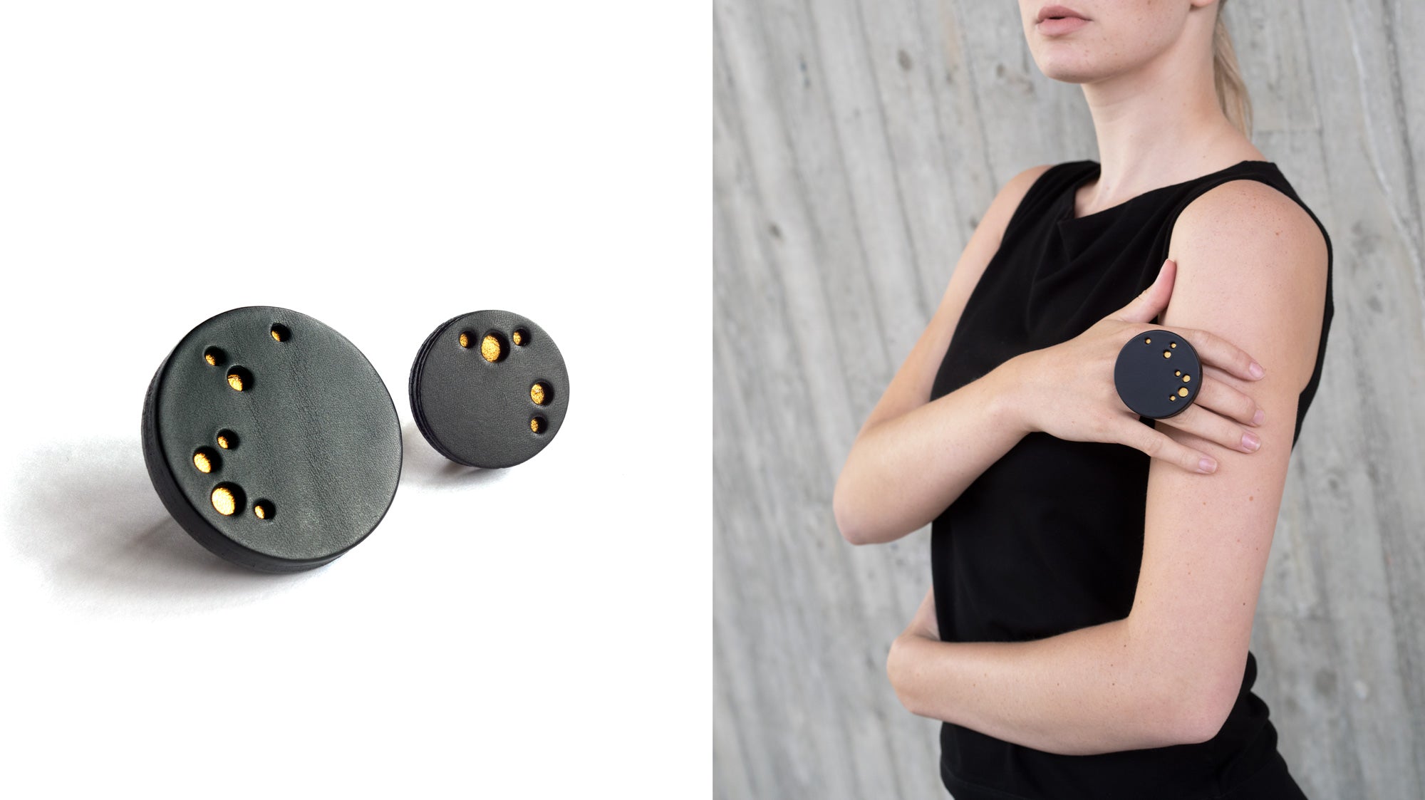 Bague ronde en cuir noir perforé design