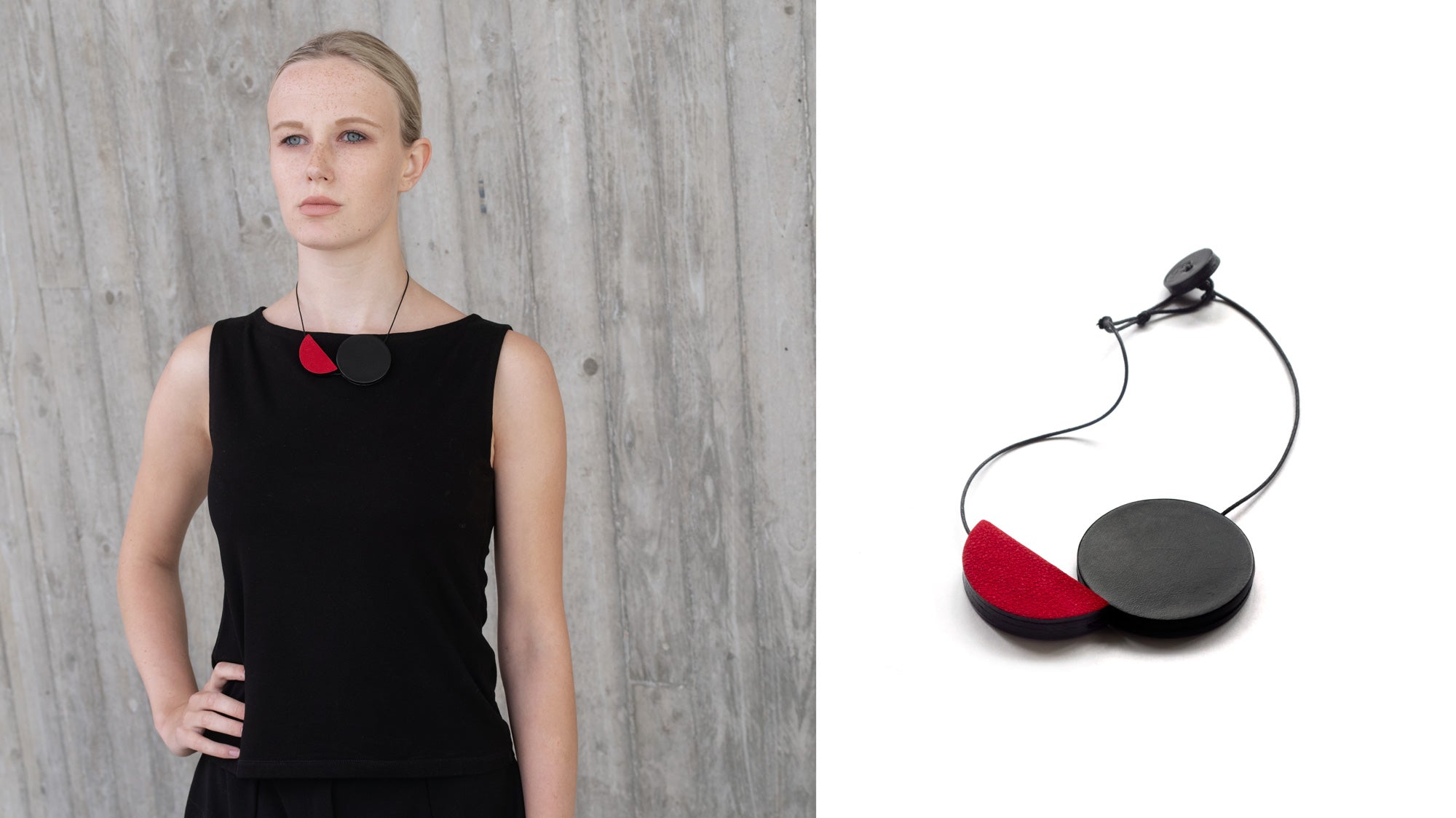 Collier en cuir noir et rouge, style Bauhaus, géométrique et design