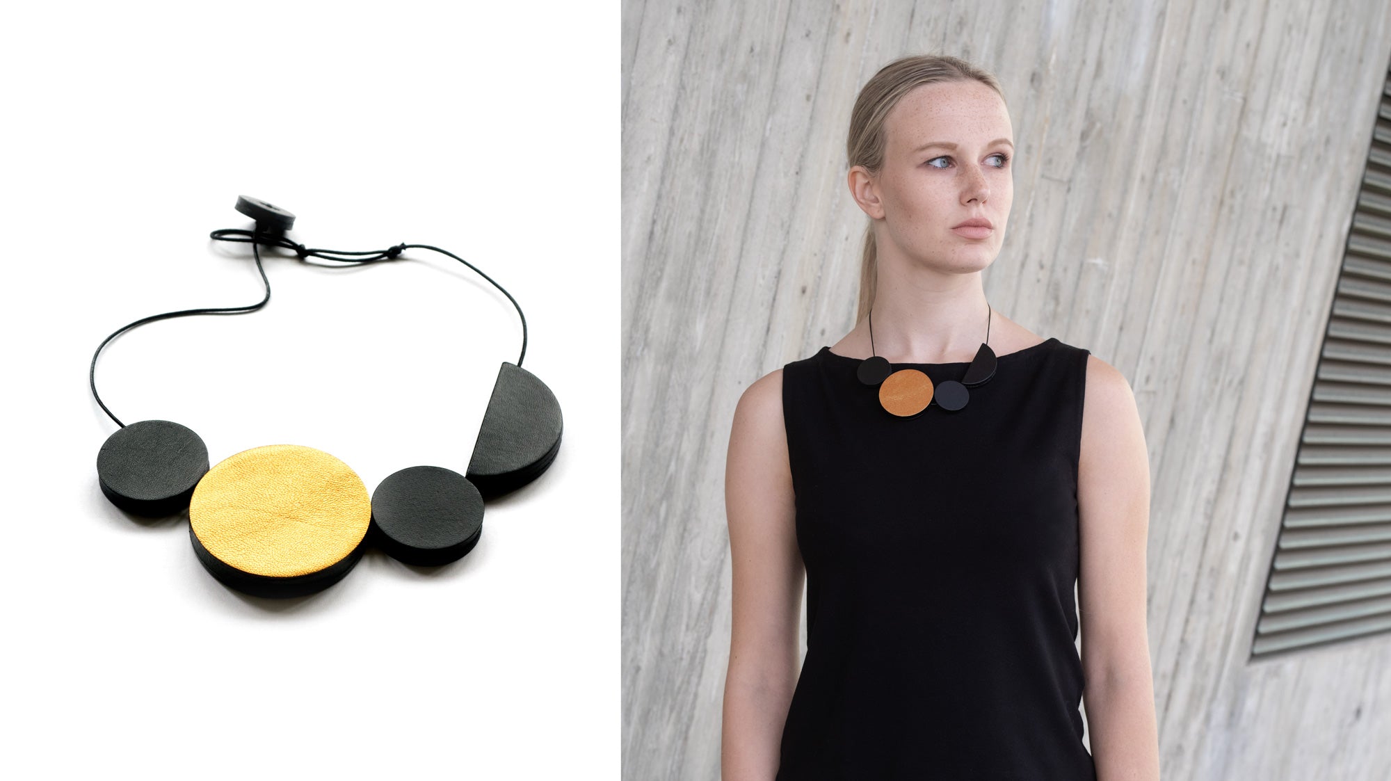 Collier en cuir noir et doré style Bauhaus, forme géométrique et design