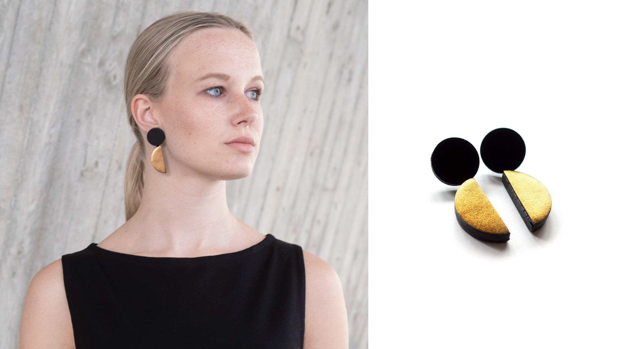 Boucles d'oreilles pendantes en cuir noir et doré