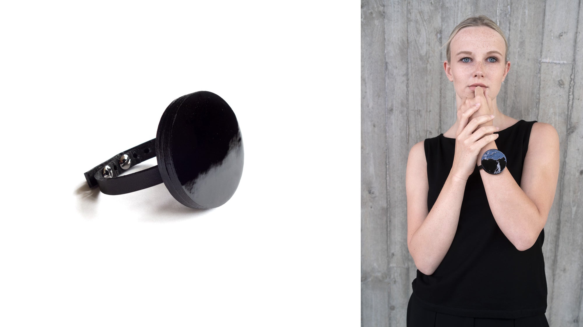 Bracelet en cuir noir contemporain, graphique et design