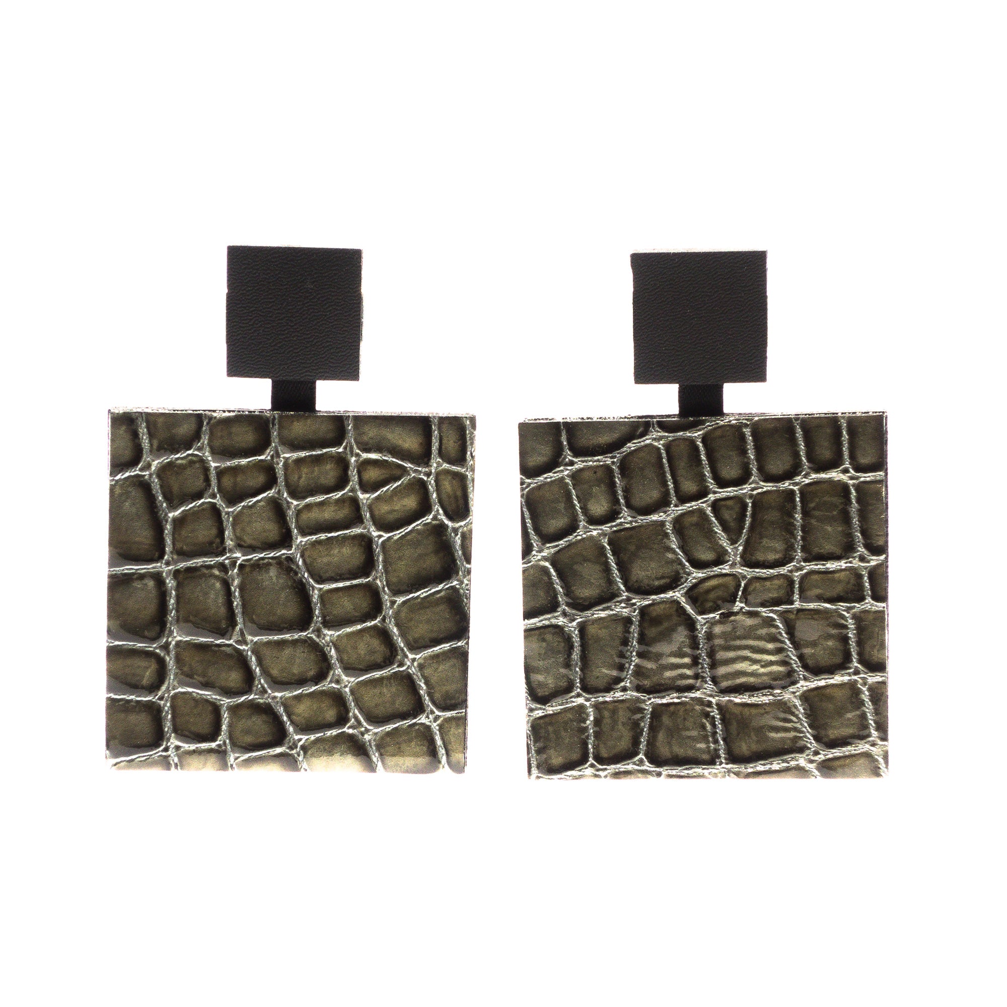 Boucles d'oreilles carrées en cuir, kaki vernis