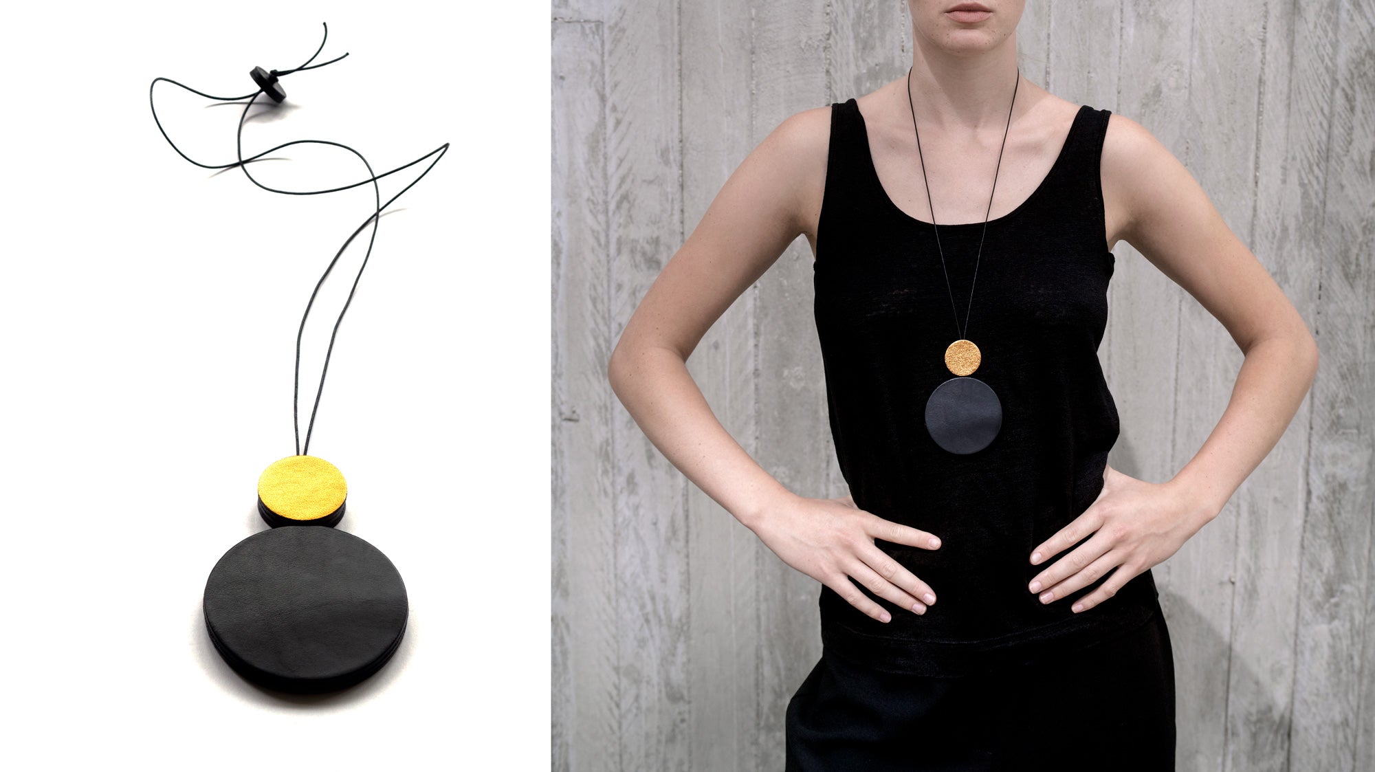 Sautoir minimaliste en cuir noir et doré, forme ronde