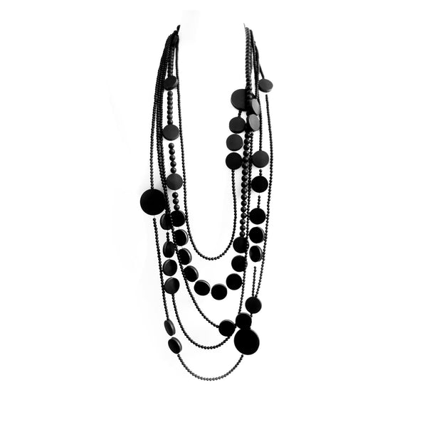 Long collier multirangs en perles onyx et cuir noir