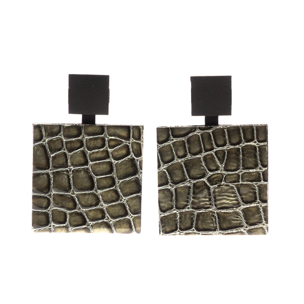 Boucles d'oreilles carrées en cuir, kaki vernis