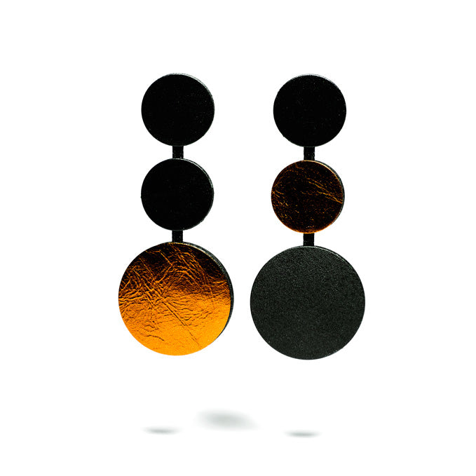 Boucles d'oreilles rondes en cuir, noires et cuivrées, asymétriques